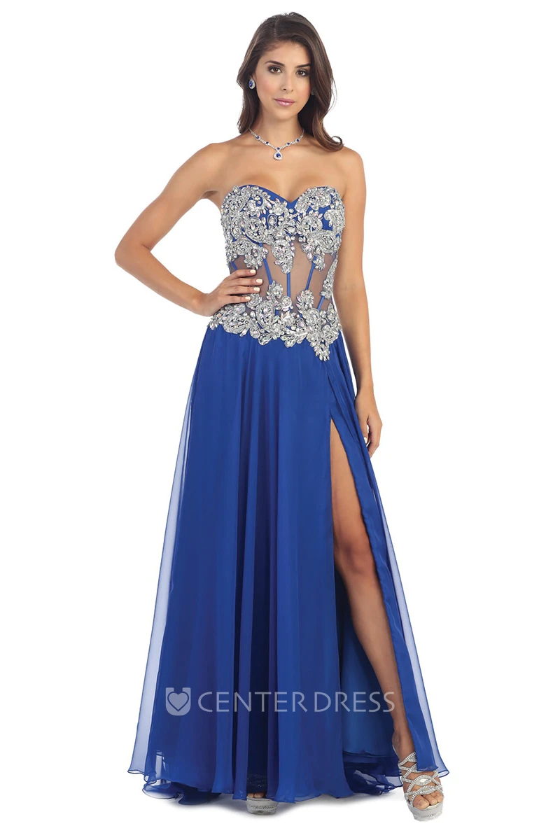 A-Line Long Sweetheart Chiffon Illusion Dress With Split Front And Crystal Detailing