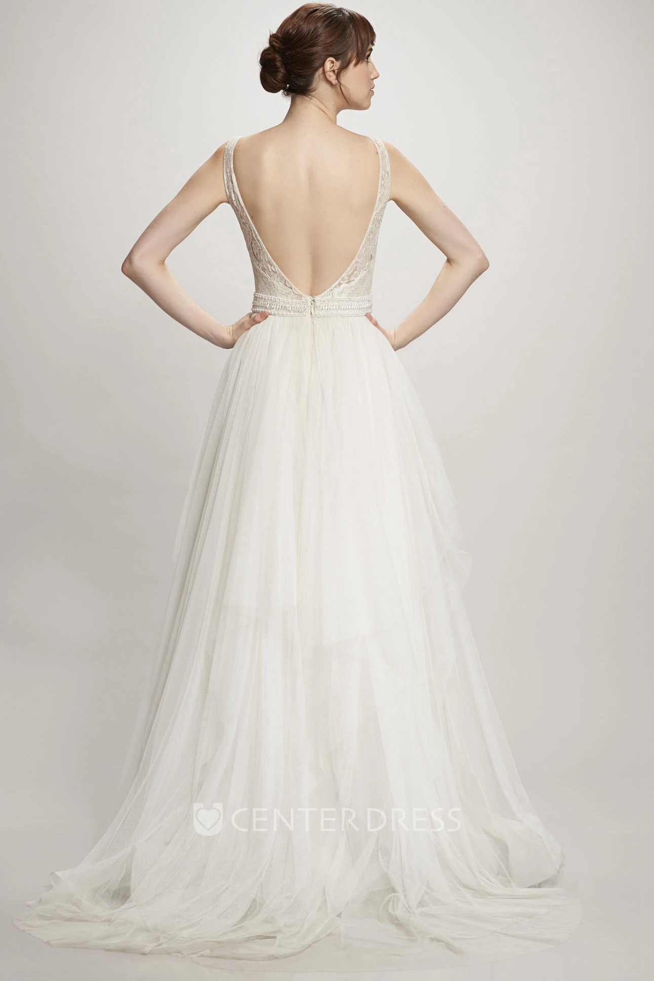 A-Line Sleeveless Appliqued Maxi Scoop Tulle&Lace Wedding Dress With Deep-V Back And Draping