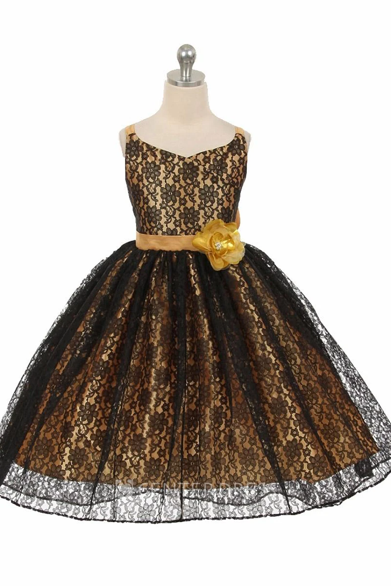 High-Low Floral Criss-Cross Lace Flower Girl Dress With Ribbon