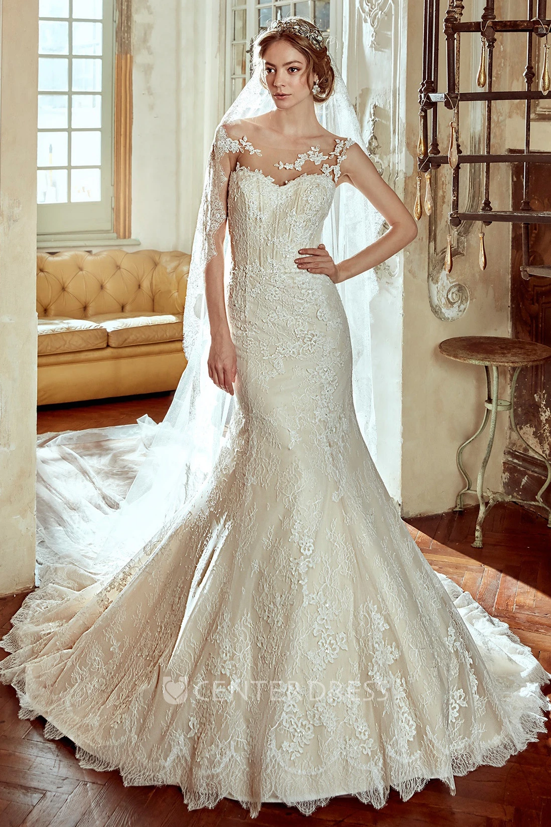 Cap-Sleeve Lace Wedding Dress with Scalloped Train Rim and Appliques