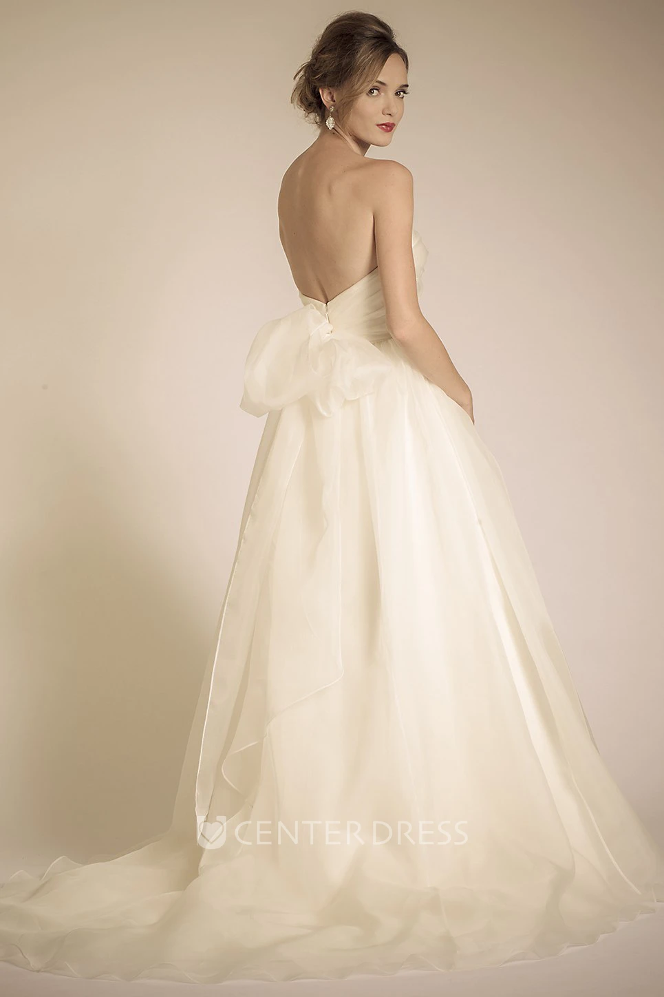 Ball Gown Empire Strapless Maxi Organza Wedding Dress With Ruching And Deep-V Back