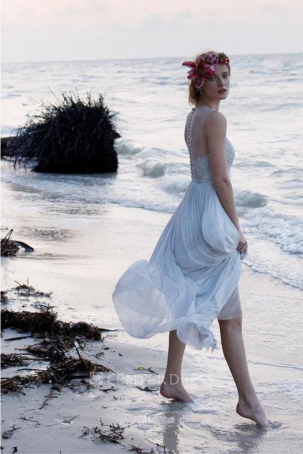 A Line High Neck Chiffon Button Zipper Wedding Dress