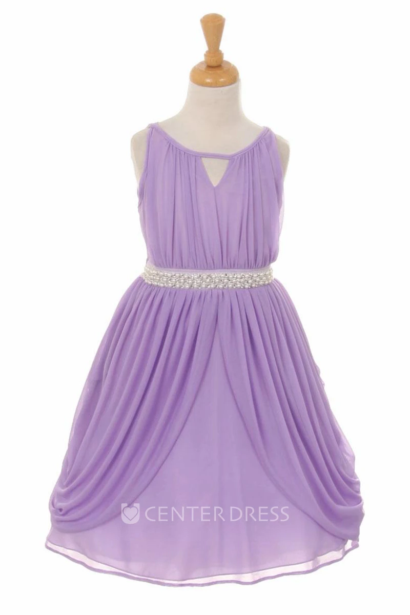 High Neck Tea-Length Tiered Pleated Chiffon Flower Girl Dress With Ribbon