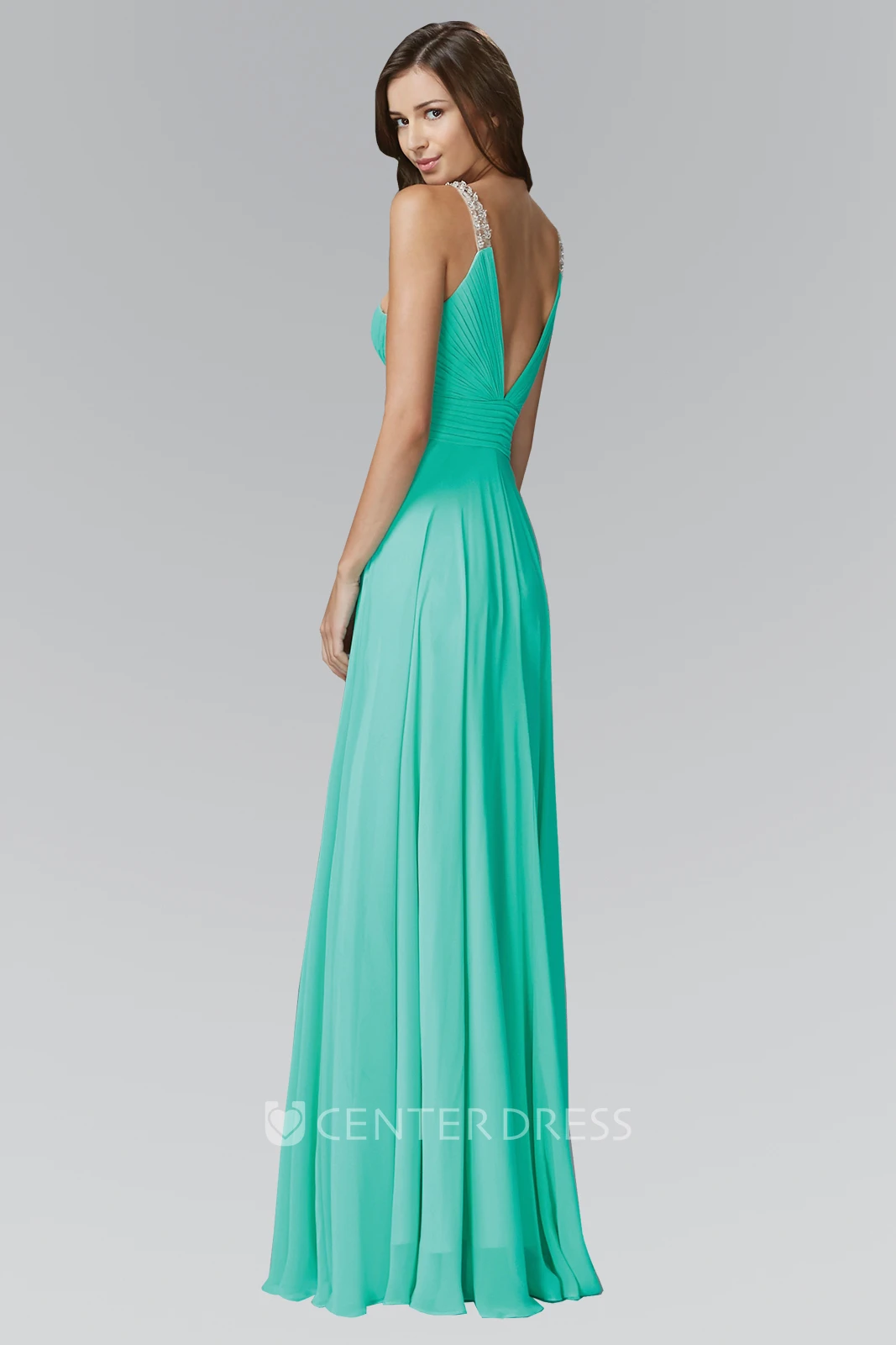 A-Line Scoop-Neck Sleeveless Chiffon Deep-V Back Dress With Beading And Pleats
