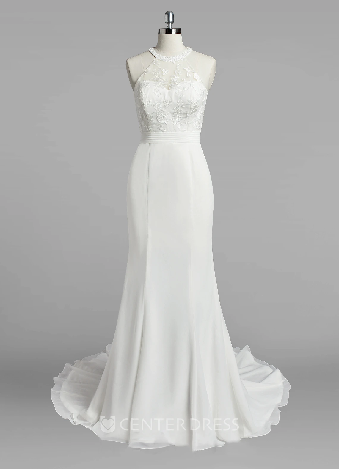 Jewel Neck Mermaid Chiffon Wedding Dress With Lace Bodice