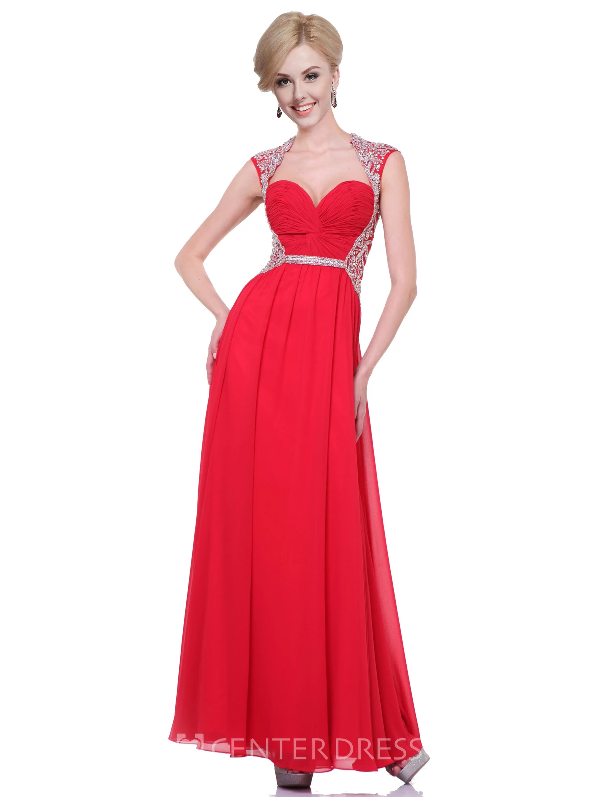 A-Line Ankle-Length Queen Anne Chiffon Dress With Ruching And Beading