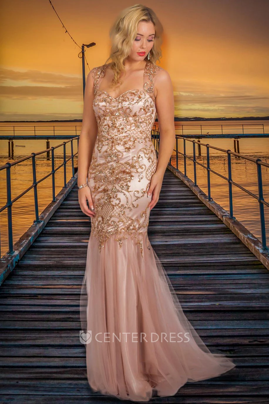 Sheath Sleeveless Beaded Long Strapped Tulle&Satin Prom Dress With Sequins