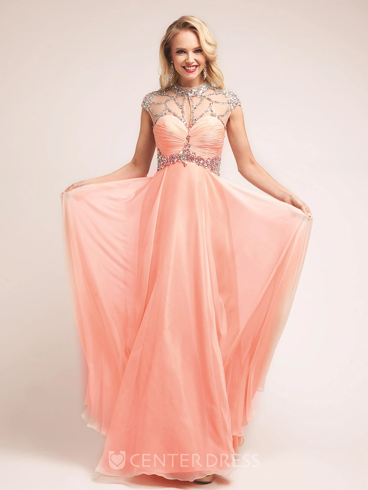 Sheath Floor-Length High Neck Cap-Sleeve Dress With Ruching And Beading