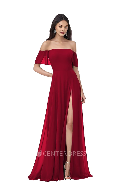 Bohemian Chiffon Off-Shoulder A-Line Bridesmaid Dress with Front Split Unique & Flowy