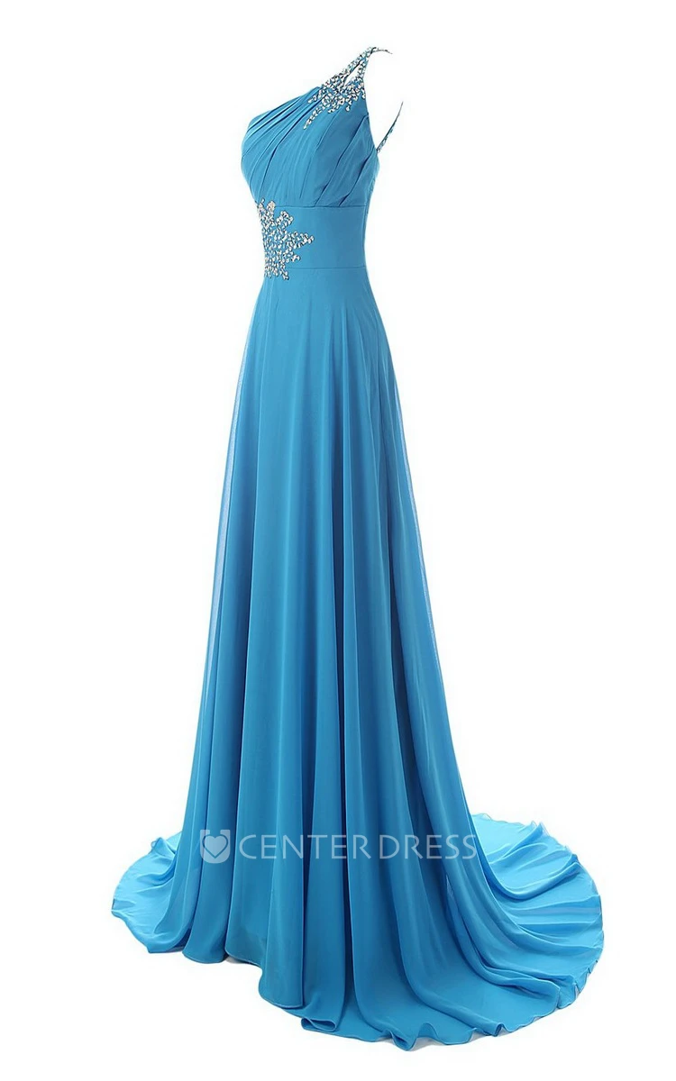 Beaded Brush Train Ruffled One-Shoulder Gown