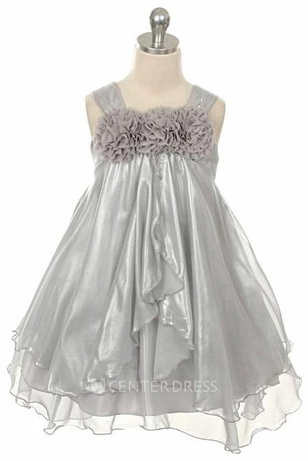 Straps Tea-Length Tiered Empire Chiffon Flower Girl Dress