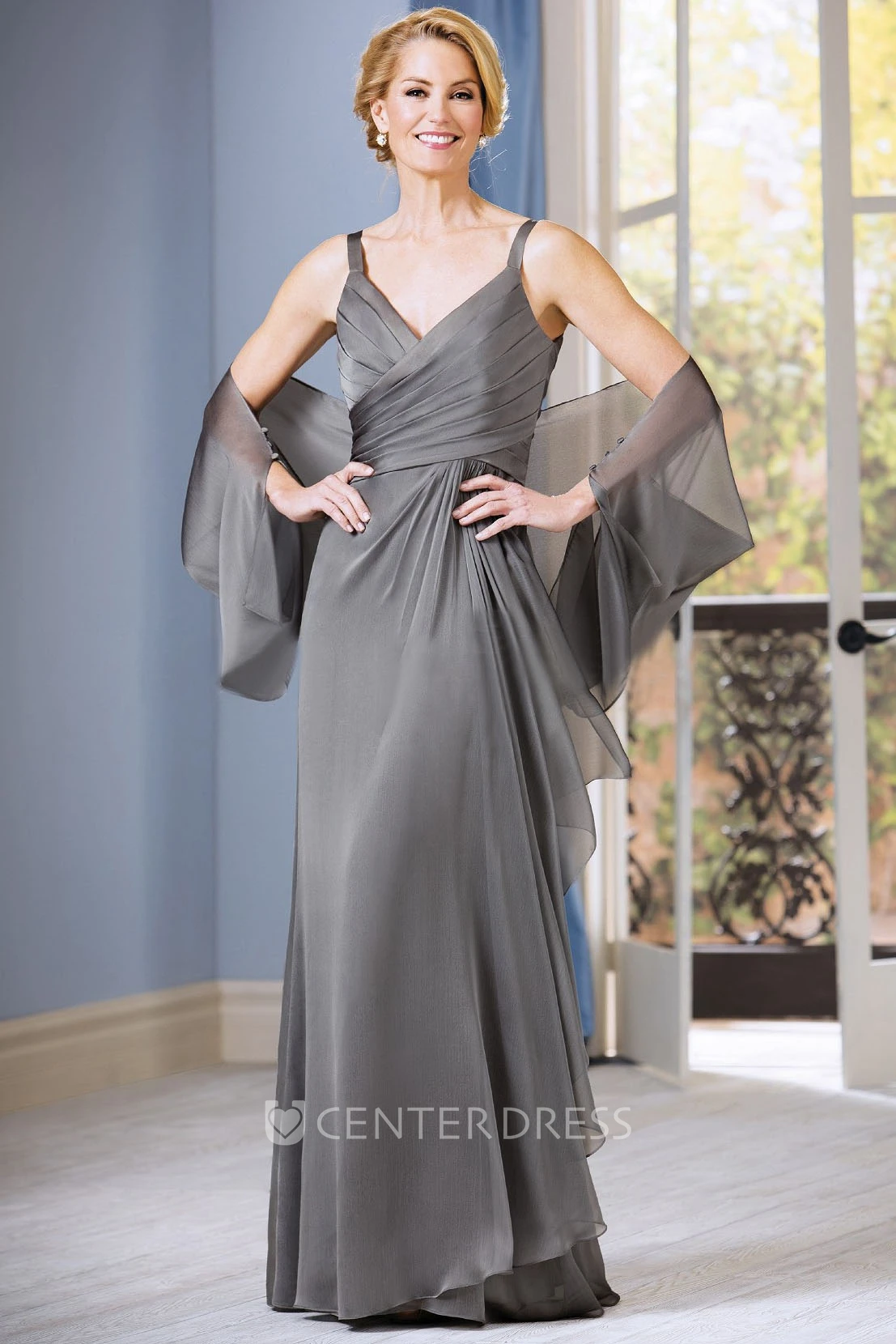 Sleeveless V-Neck Long Mother Of The Bride Dress With Ruching And Matching Shawl