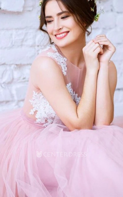 Bateau Tulle Sleeveless Floor-length A Line Prom Dress with Pleats