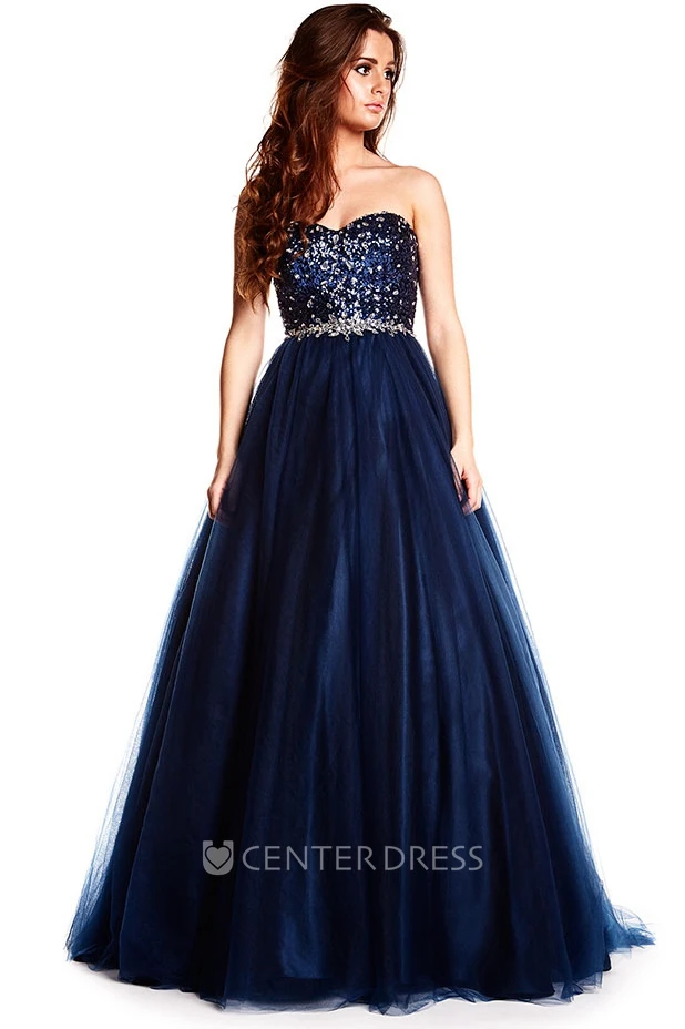 Sweetheart Floor-Length Beaded Tulle Prom Dress With Waist Jewellery And Lace Up