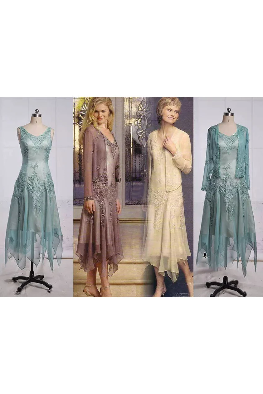 Women Low-V Back V-neck Satin Tulle Vintage Two Piece Appliques Dress With Jacket