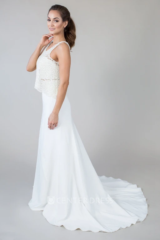 Sheath Sleeveless Floor-Length Scoop-Neck Lace Chiffon Wedding Dress