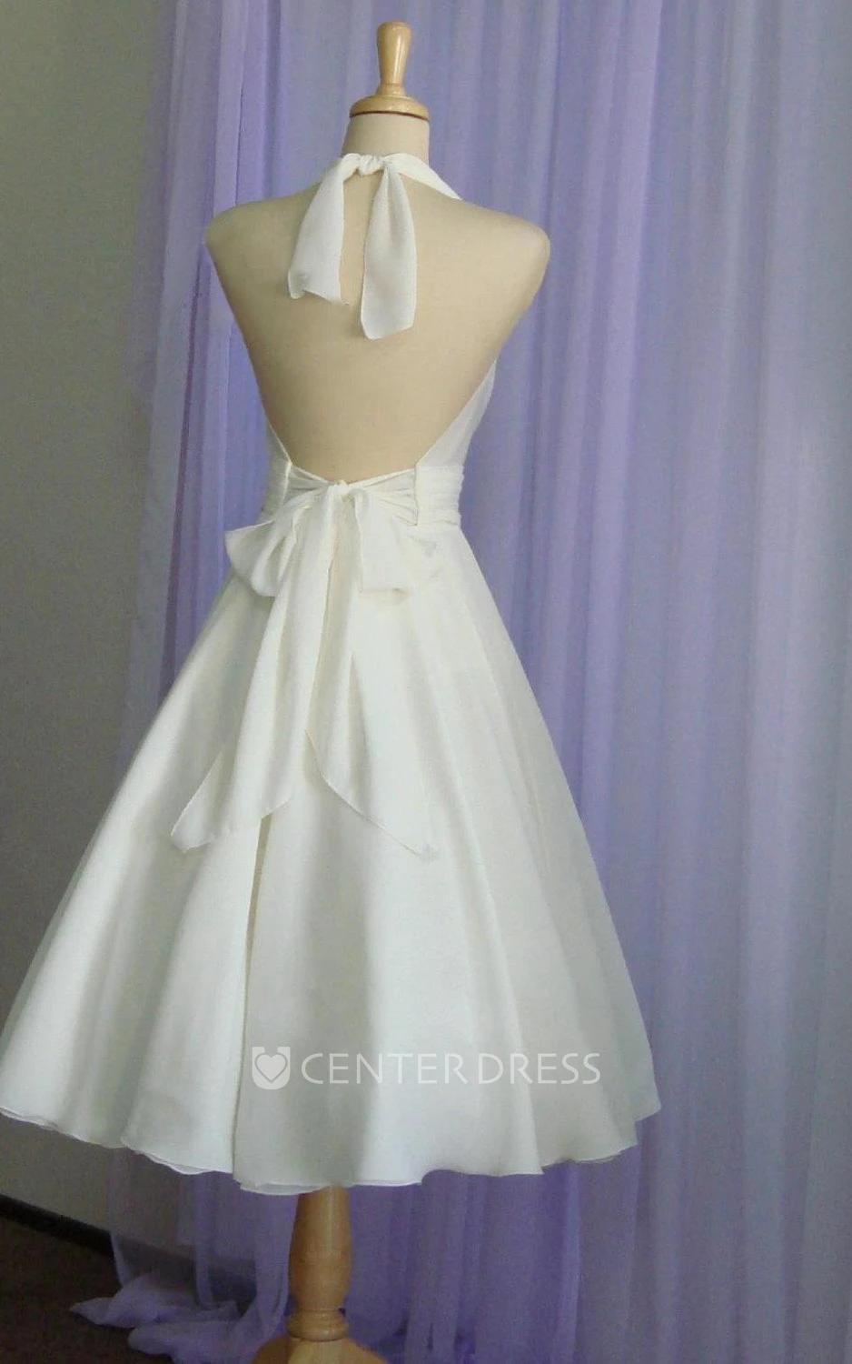 Vintage Tea-Length Chiffon Summer Wedding Dress Destination With Halter Neck and Bow