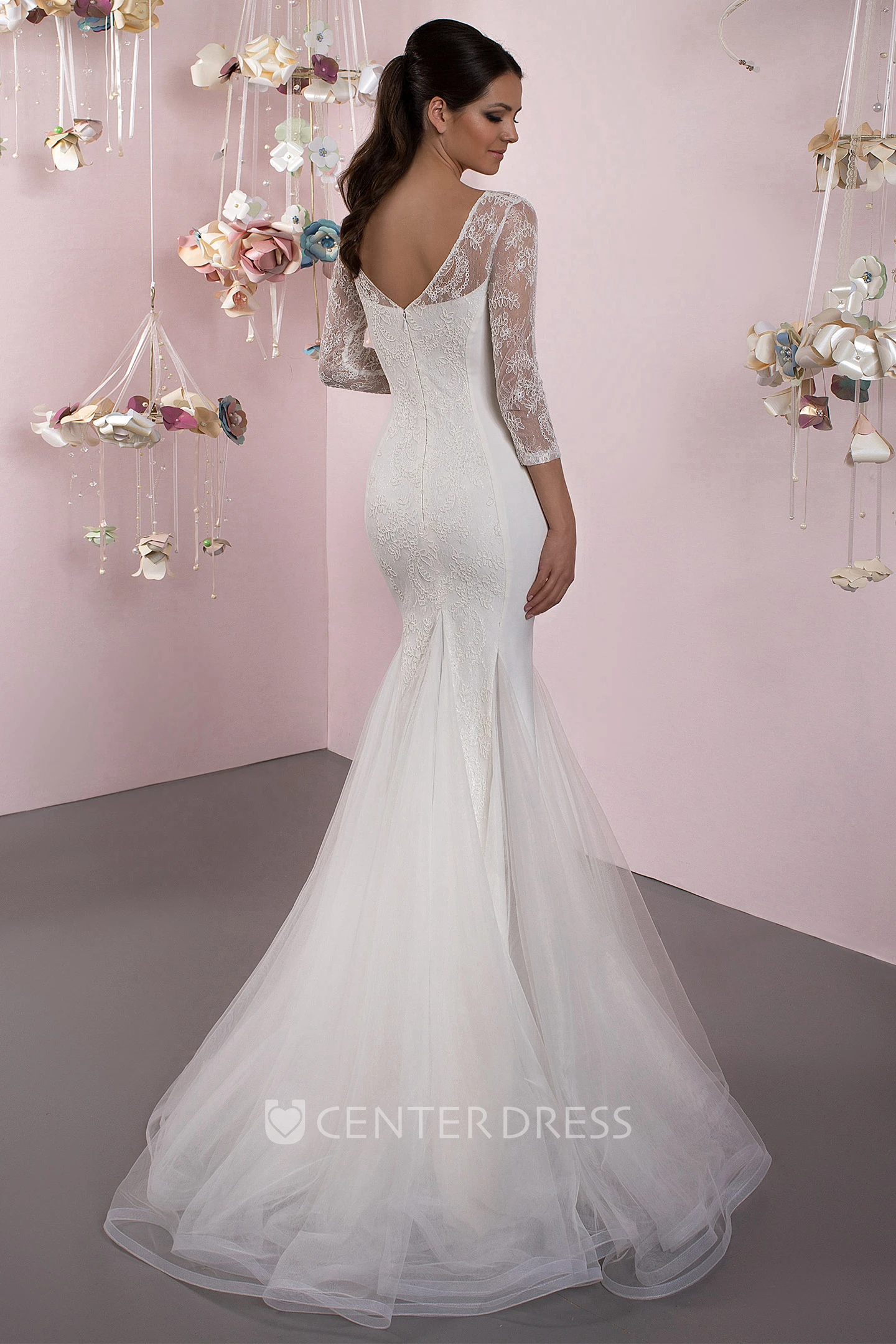 Mermaid 3-4 Sleeve Lace Bateau Neck Tulle Wedding Dress With Brush Train