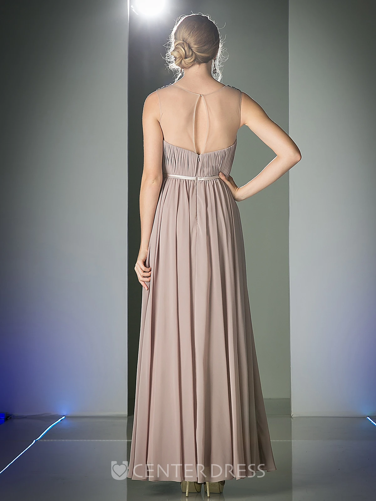 A-Line Ankle-Length Scoop-Neck Chiffon Illusion Dress With Ruching And Beading