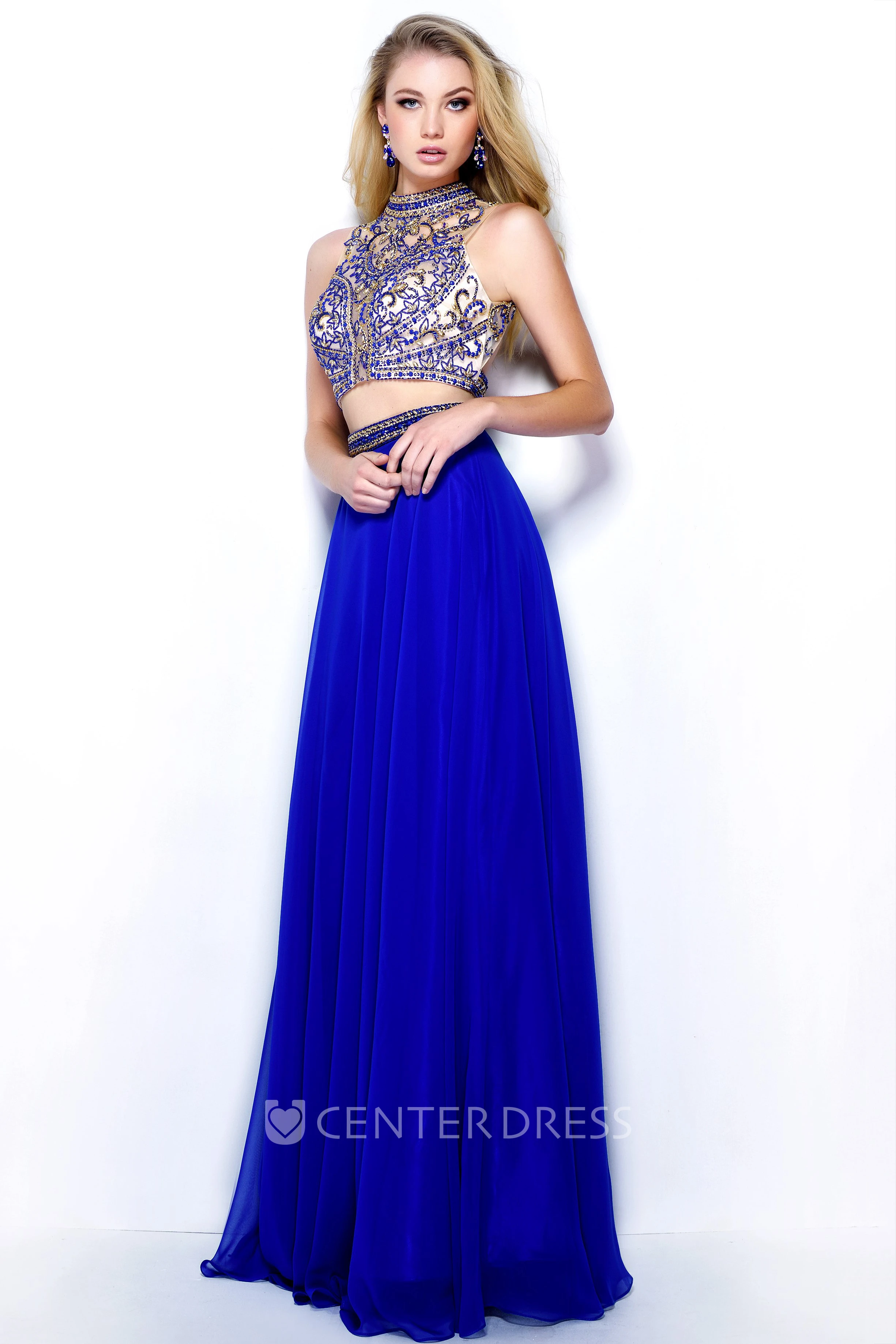 A-Line Long High Neck Sleeveless Chiffon Keyhole Dress With Beading And Pleats