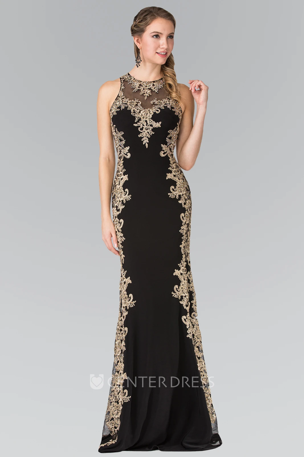 Sheath Long Jewel-Neck Sleeveless Jersey Keyhole Dress With Appliques