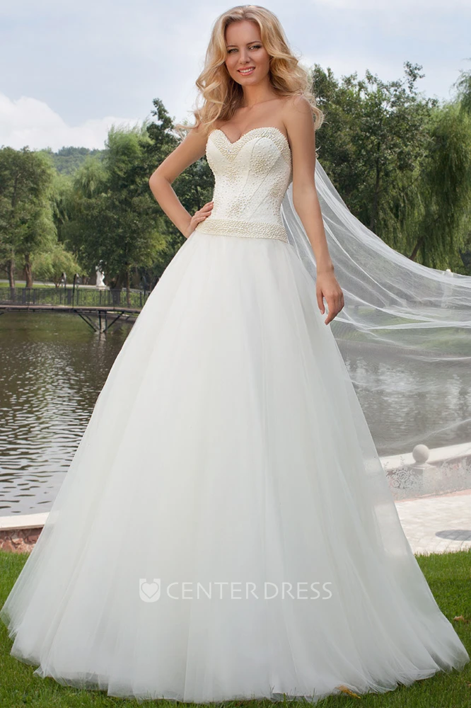 Floor-Length Sweetheart Beaded Tulle Wedding Dress With Brush Train And Lace Up