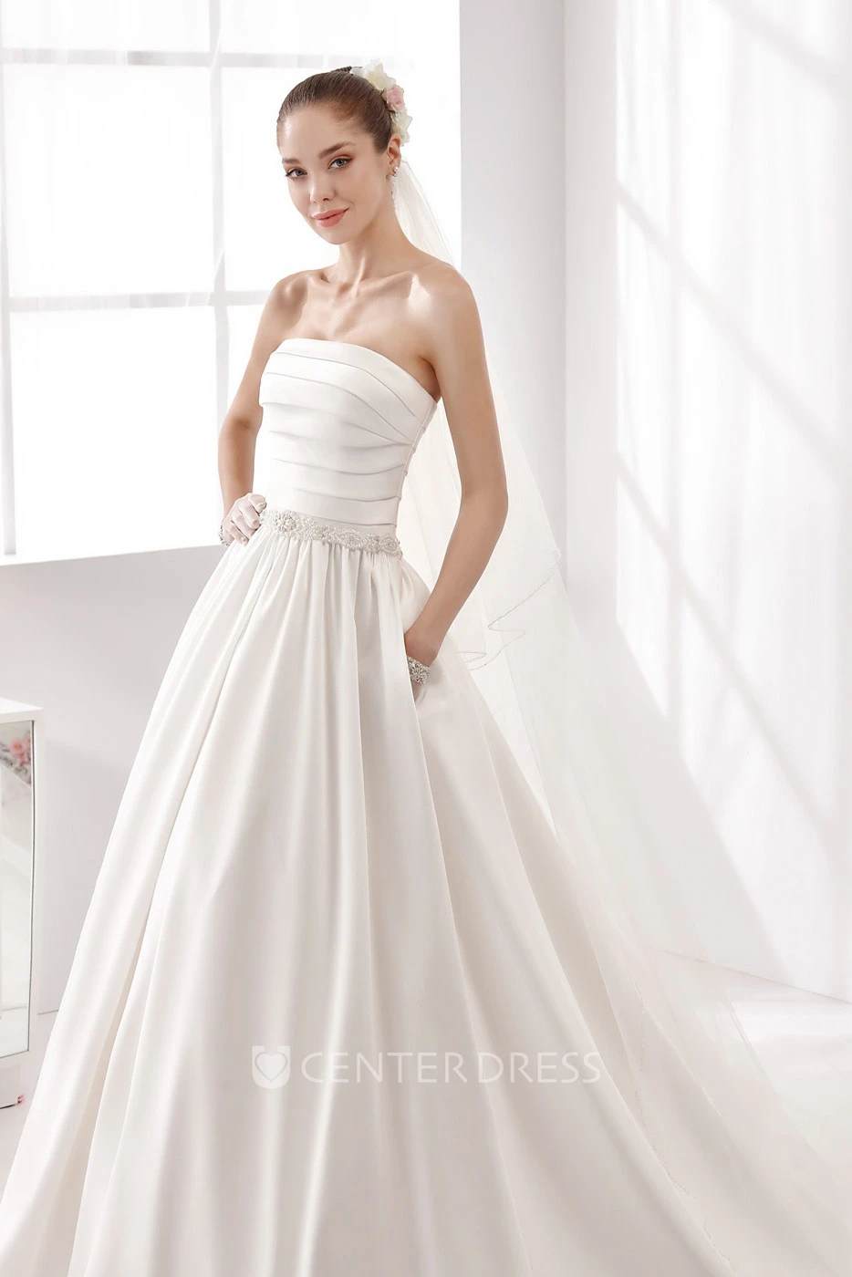 Strapless Pleating A-Line Satin Gown With Pearl Belt And Brush Train