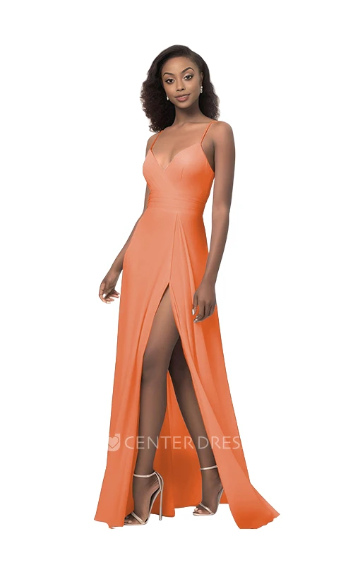 Spaghetti Chiffon A-Line Bridesmaid Dress with Front Split Sexy & Modern