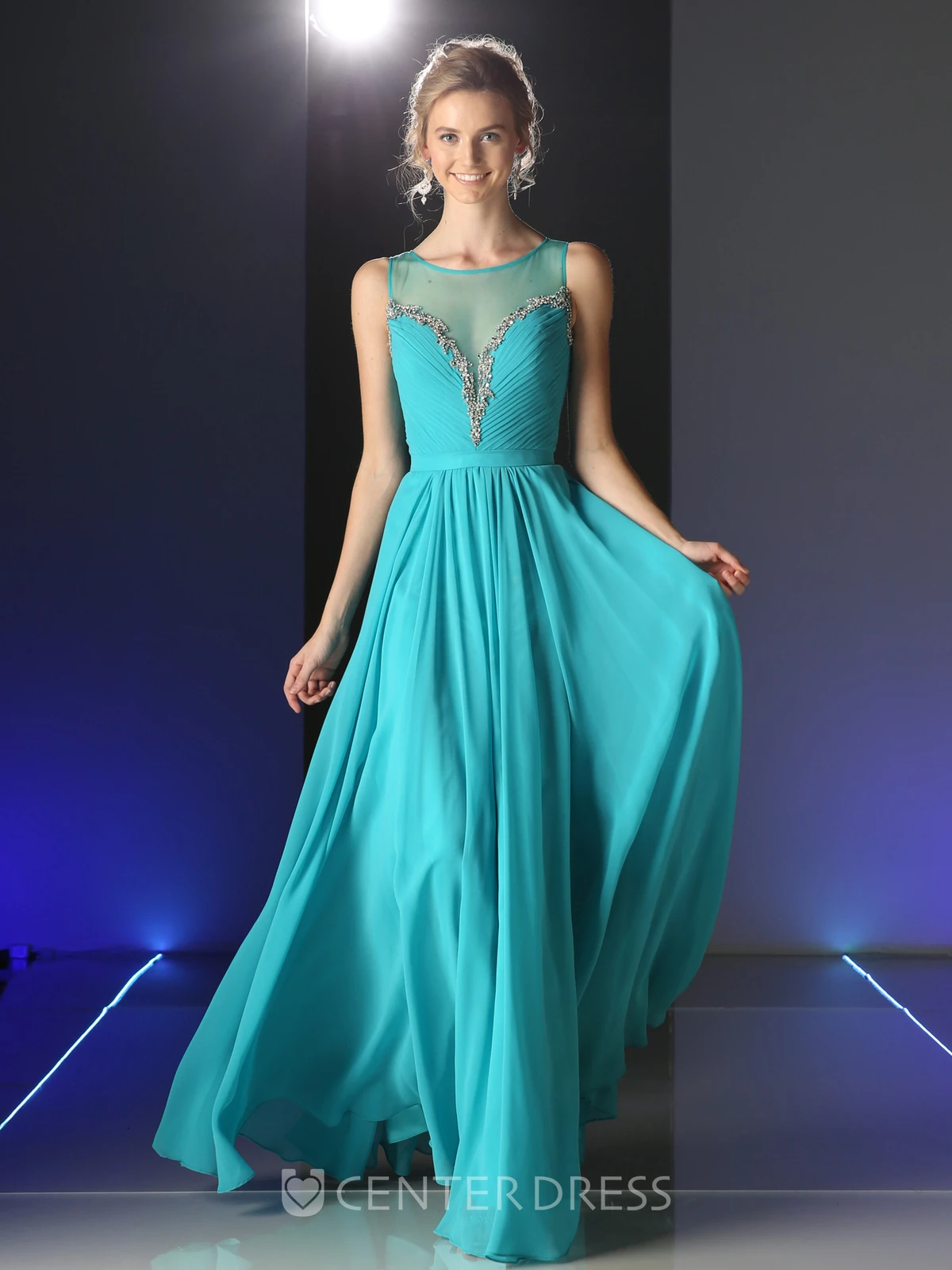 A-Line Long Scoop-Neck Sleeveless Chiffon Illusion Dress With Ruching And Beading