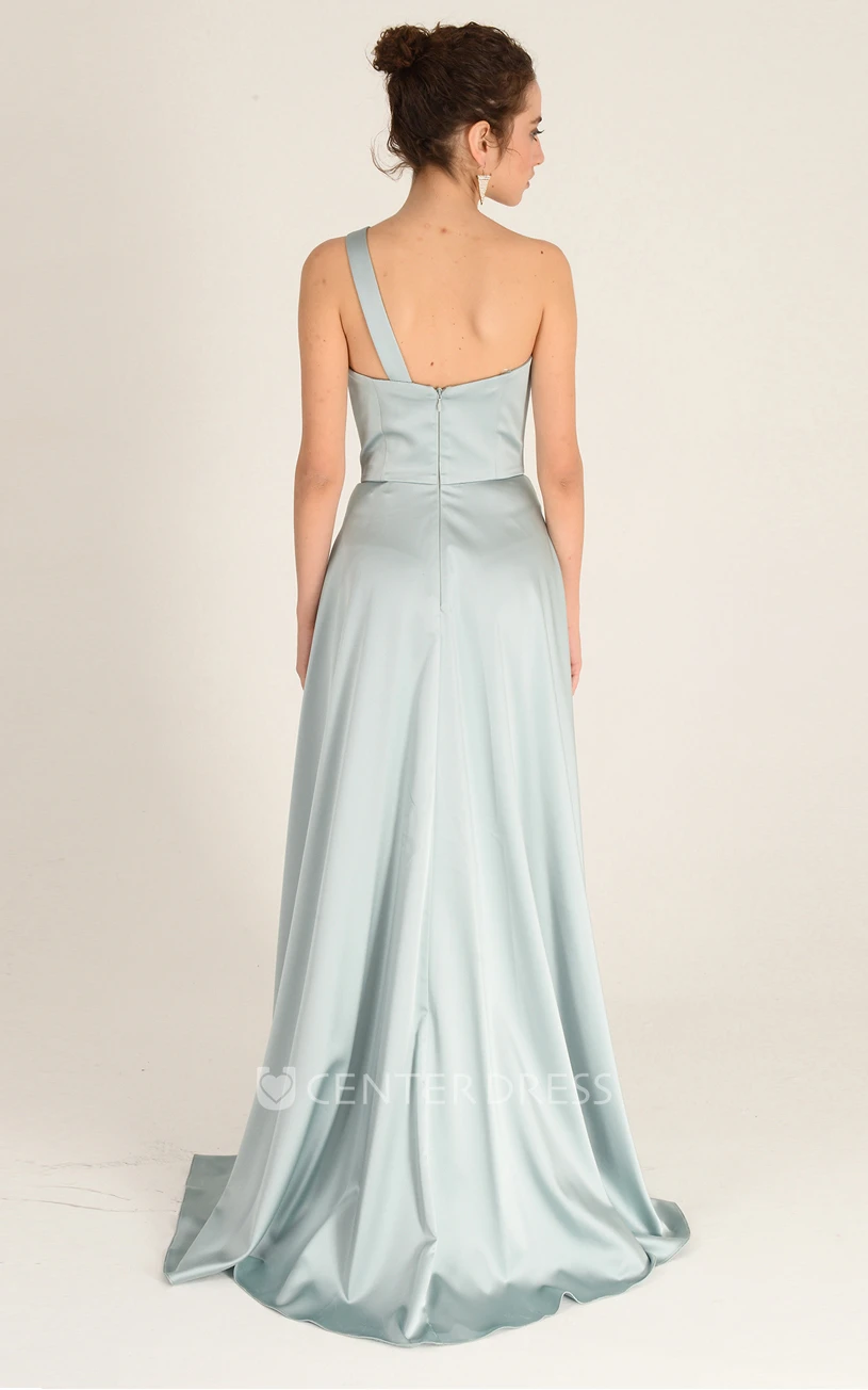 Simple One-shoulder A Line Floor-length Sleeveless Satin Formal Dress with Split Front