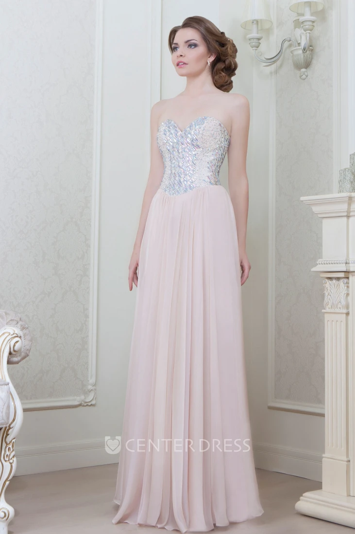 A-Line Beaded Sleeveless Sweetheart Floor-Length Chiffon Evening Dress With Pleats