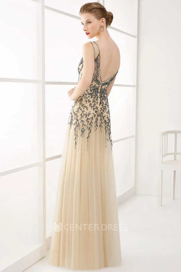 V Neck V Back A-Line Tulle Long Prom Dress With Crystal-Leaf Top
