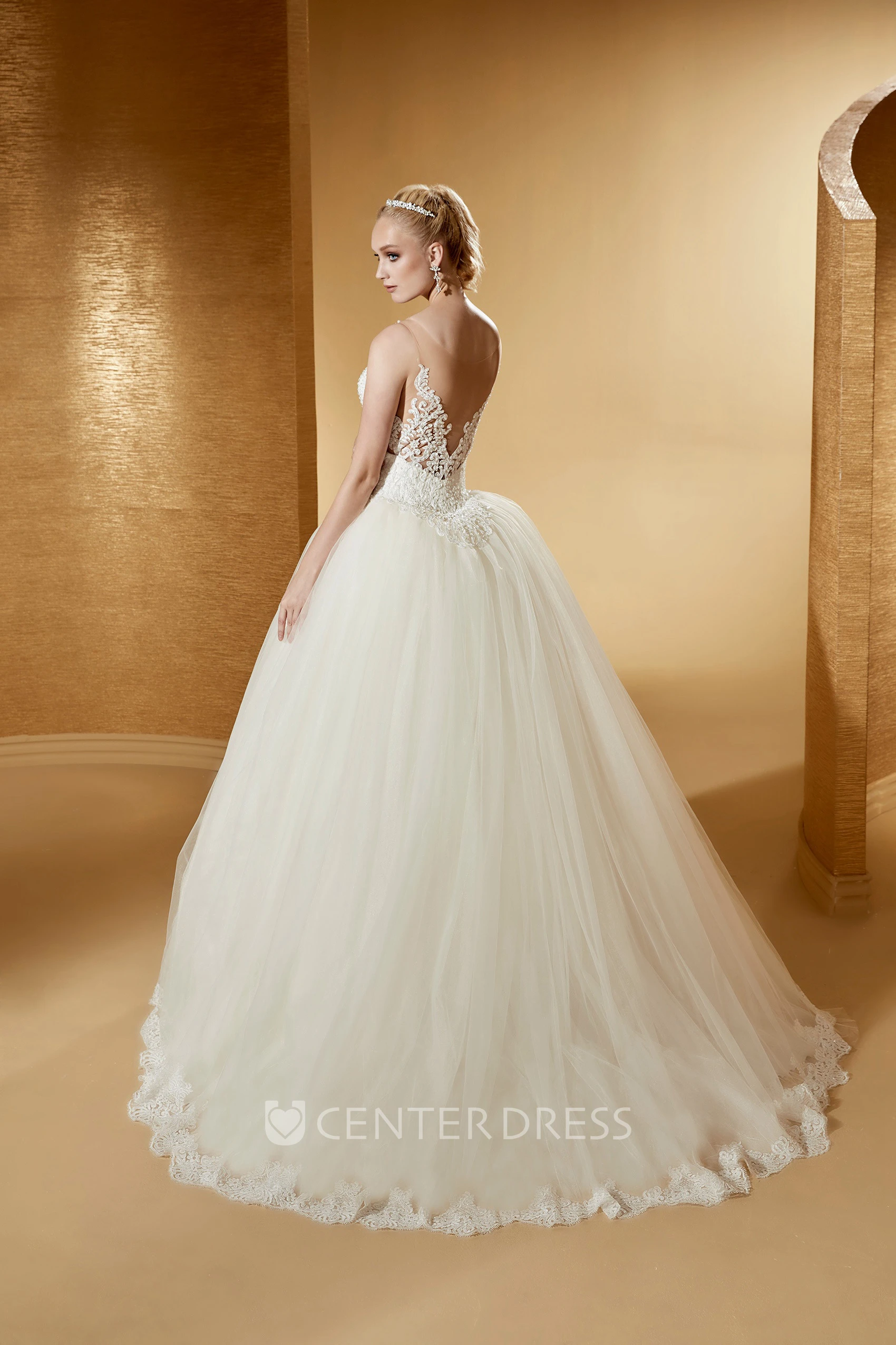 V-neck Puffy Wedding Gown with Lace Corset and Open Back