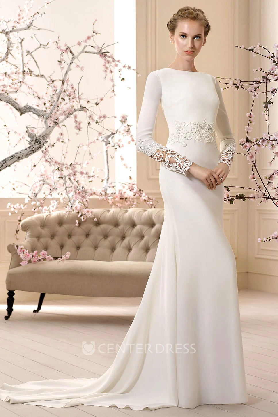 Floor-Length High-Neck Long-Sleeve Appliqued Jersey Wedding Dress