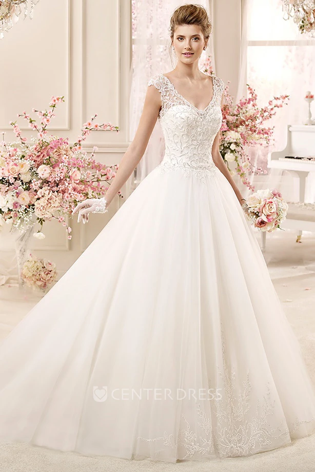 Cap sleeve A-line Wedding Gown with Lace Bodice and Keyhole Back