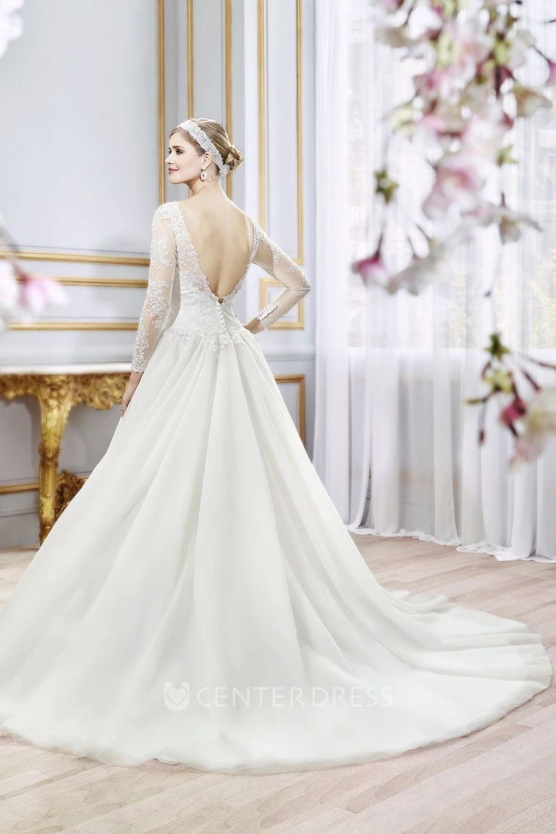 Floor-Length Scoop Appliqued Chiffon Wedding Dress With Court Train And V Back