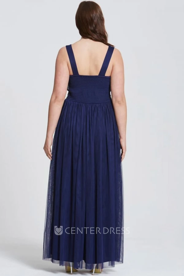 Ankle-Length Ruched Sleeveless V-Neck Tulle Bridesmaid Dress