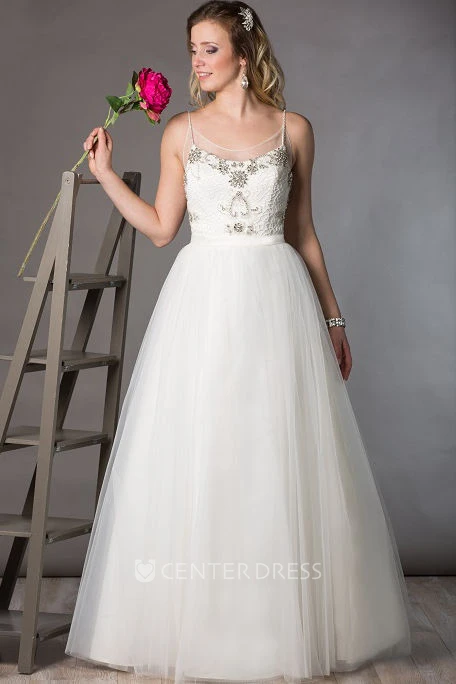 Spaghetti Straps Tulle Bridal Ball Gown With Crystal Top