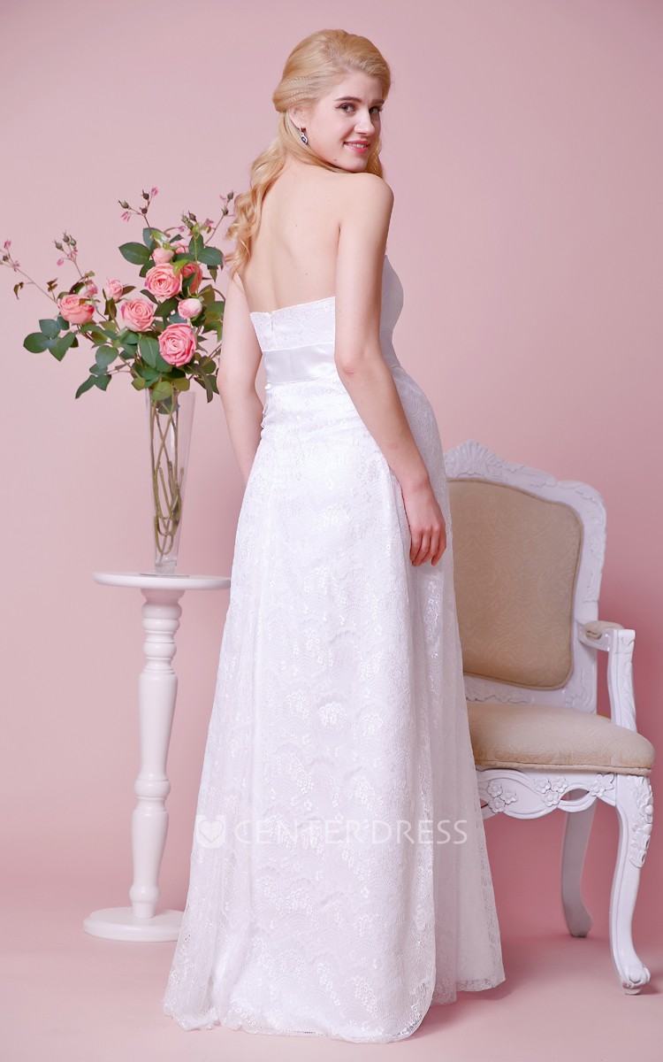 lace and chiffon empire waist strapless maternity wedding dress