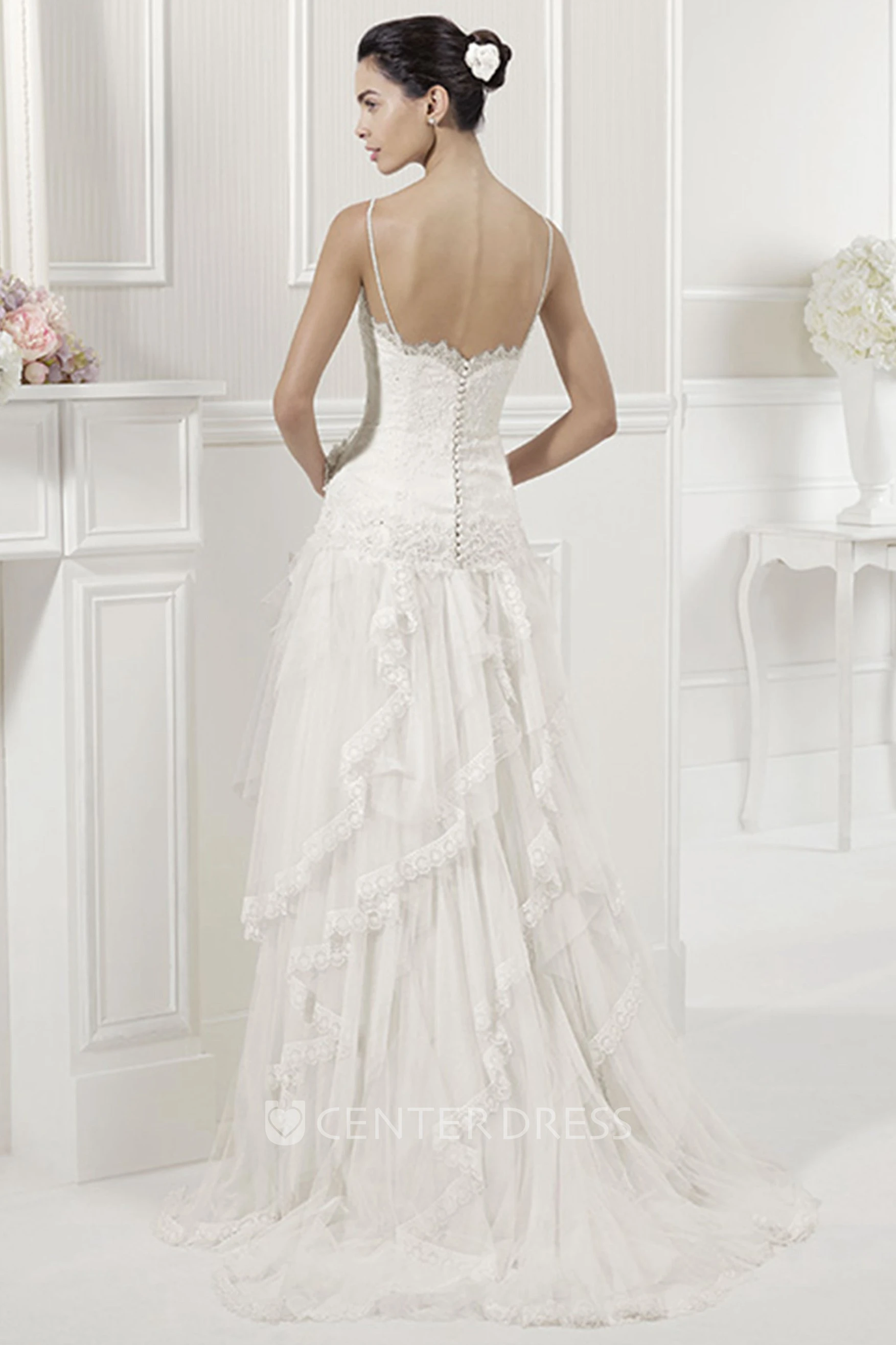 Back Spaghetti Straps Bridal Gown With Sequined Lace Top And Layered Skirt