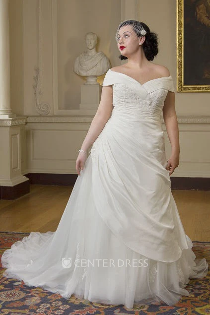 Unique Off-Shoulder Taffeta Wrapped Bridal Gown With Tulle Train