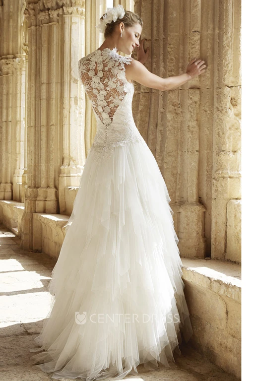 A-Line High Neck Sleeveless Cascading-Ruffle Long Tulle Wedding Dress With Illusion Back And Appliques