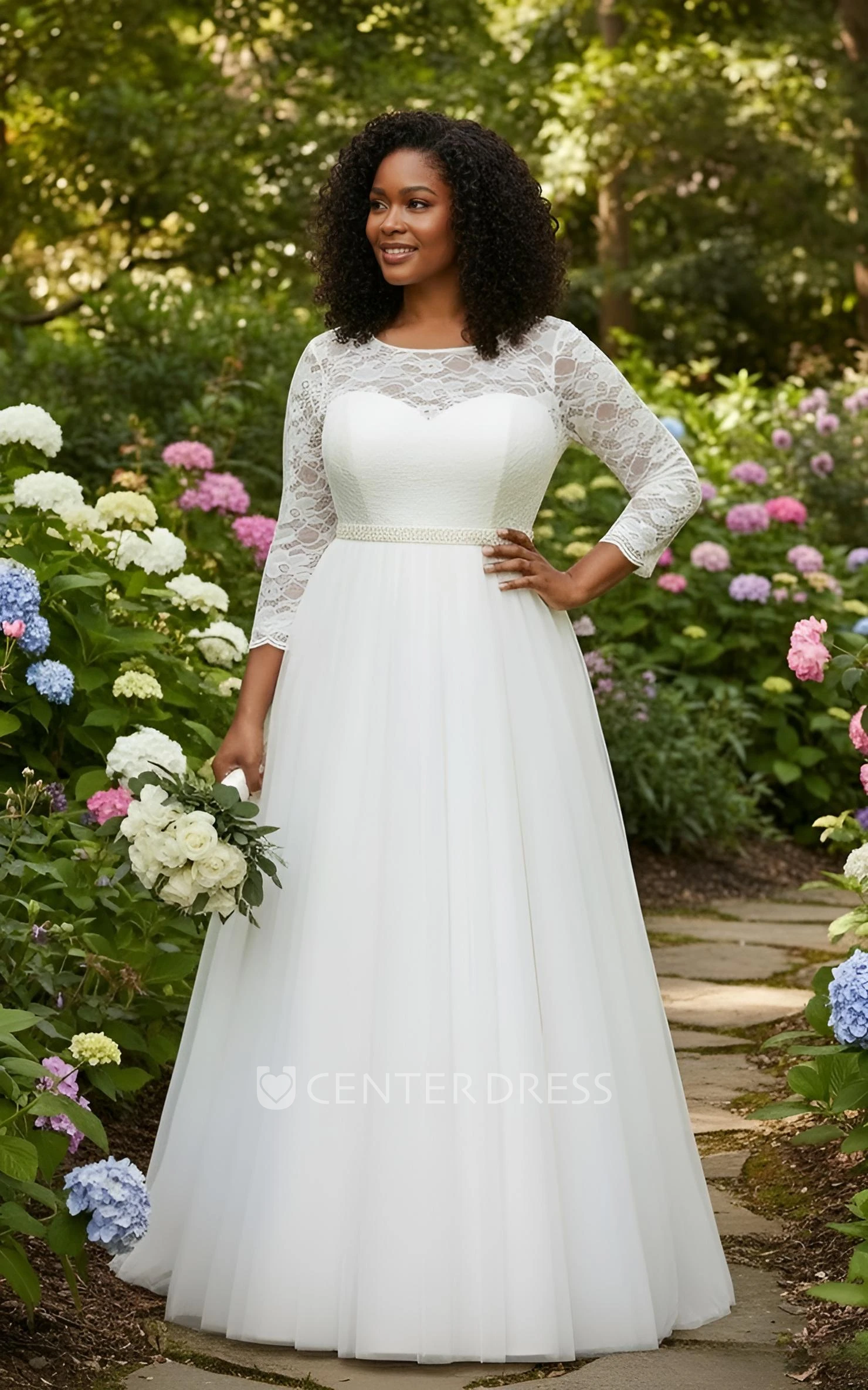 Plus Size Lace A-Line Wedding Dress Modest 3/4 Sleeves Bridal Gown