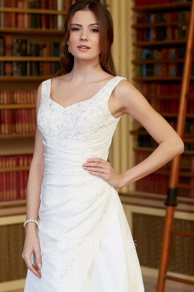 A-Line Long Beaded V-Neck Sleeveless Satin Wedding Dress With Low-V Back And Side Draping
