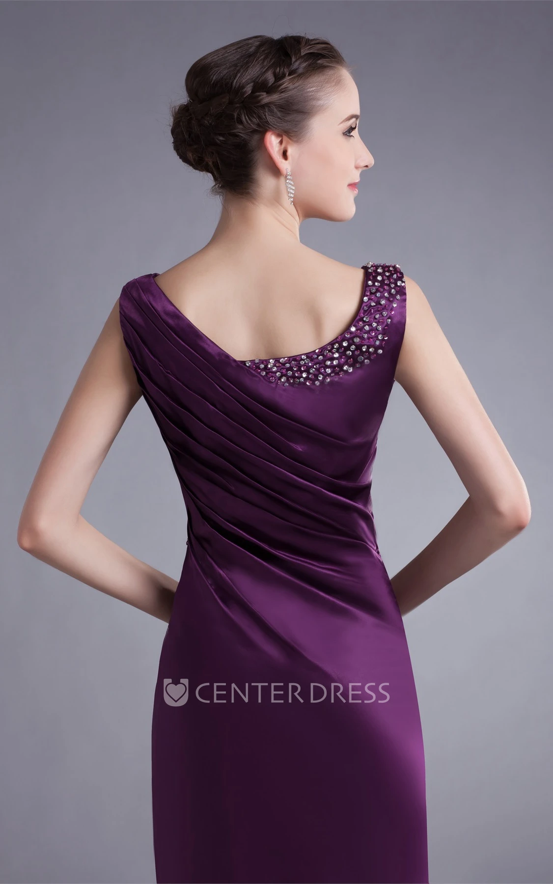 Satin Sleeveless Sheath Floor-Length Formal Gown with Ruching and Beading