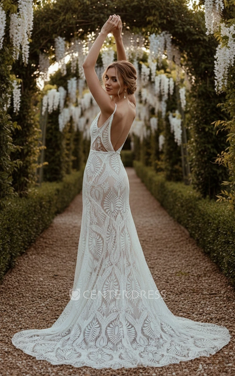 Graceful Charming Beach Mermaid Boho Lace Wedding Dress Sexy Elopement Spaghetti Strap Plunging Gown