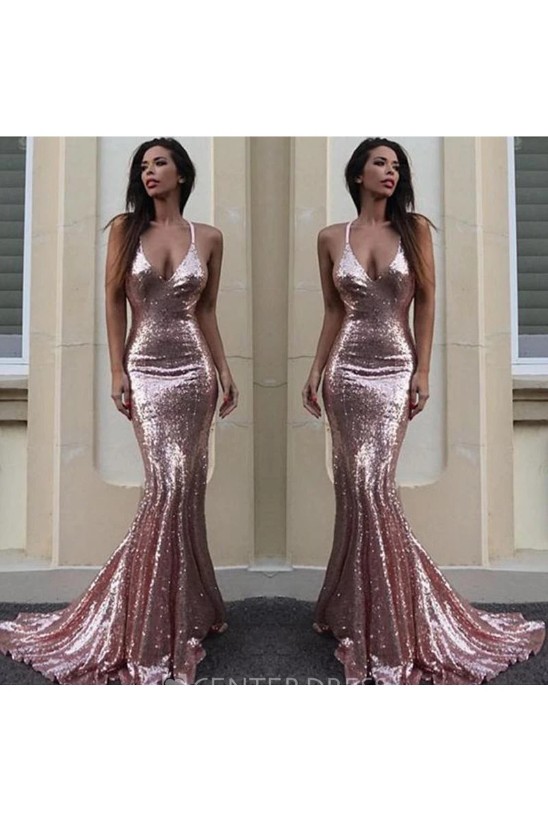 Sleeveless Sweep Brush Train Mermaid Trumpet Spaghetti Sequins Dress