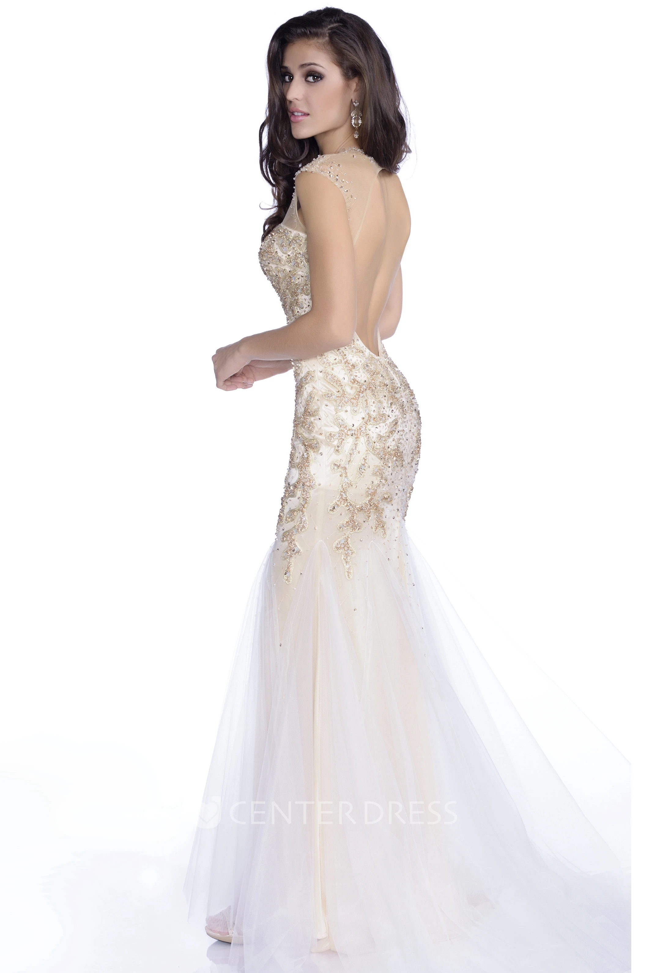Form-Fitted Tulle Sweetheart Jeweled Gown With Keyhole Back