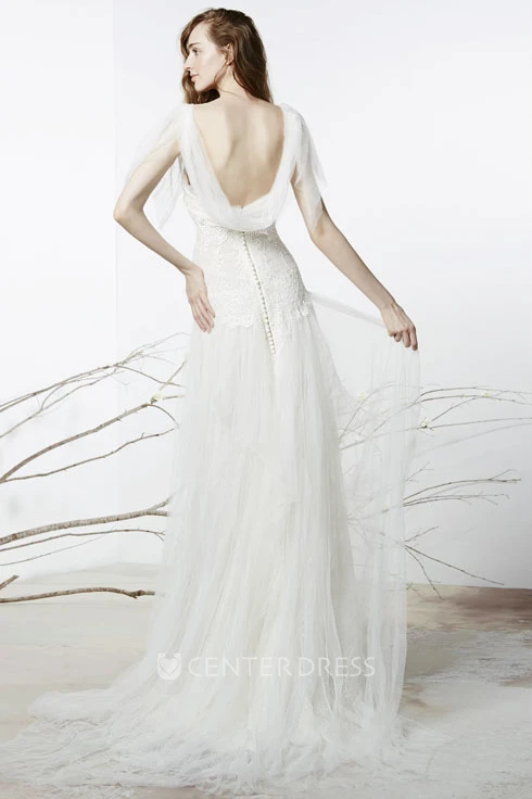 A-Line Lace Strapless Poet-Sleeve Floor-Length Tulle Wedding Dress With Low-V Back And Sweep Train