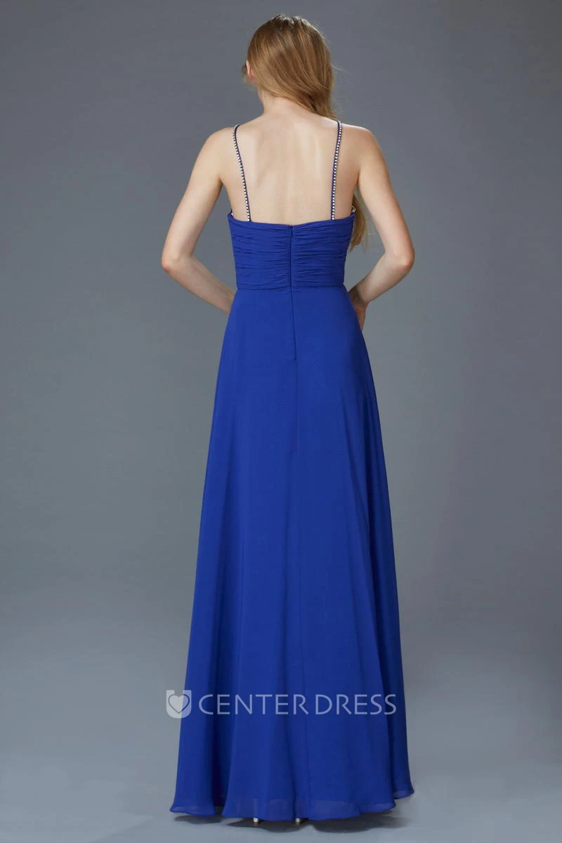 Sheath Floor-Length Spaghetti Sleeveless Chiffon Zipper Dress With Beading